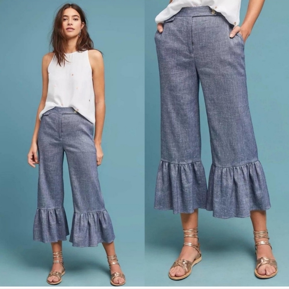 Anthropologie Etttwa Chambray Blue Linen Ruffle pants Size 6